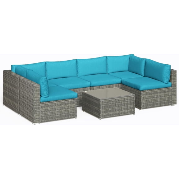 Mayincolor 7-Piece Modular Outdoor Sectional Wicker Patio Furniture Set with Coffee Table for Porch Balcony Backyard, Light Blue
