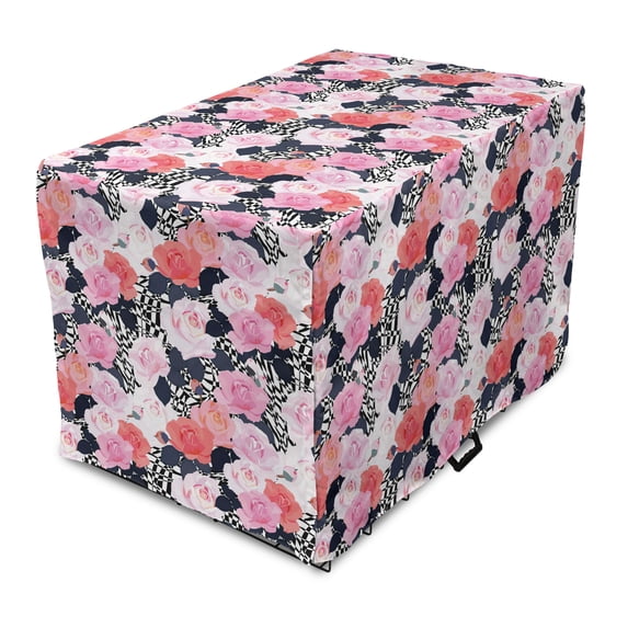 Floral Dog Crate Cover, Modern Design Rose Bouquets on Quirky Geometric Background Illustration, Easy to Use Pet Kennel Cover Small Dogs Puppies Kittens, 7 Sizes, Pale Pink Coral Grey, by Ambesonne