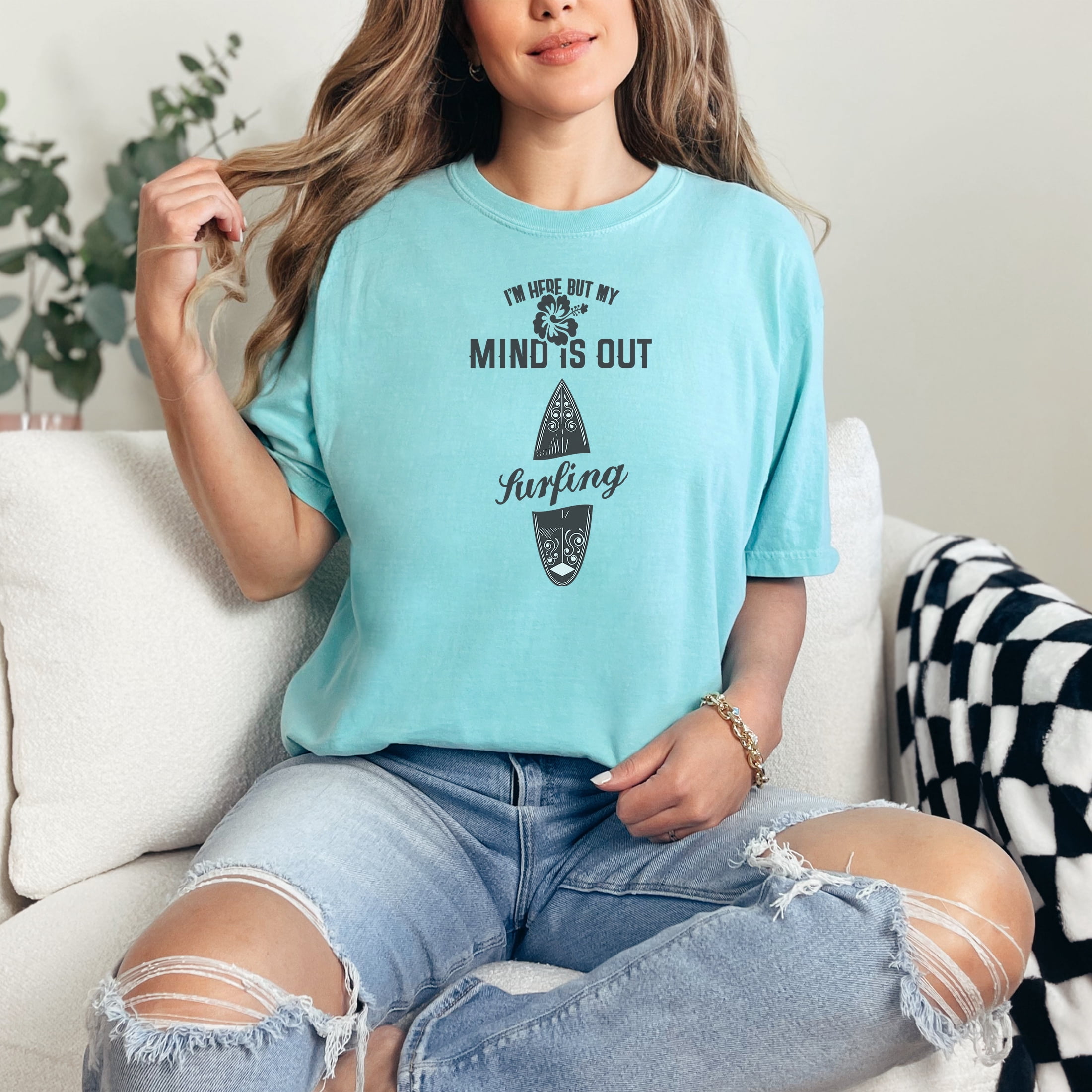 Here But My Mind Is Surfing, Chalky Mint Comfort Colors T-Shirt, Medium