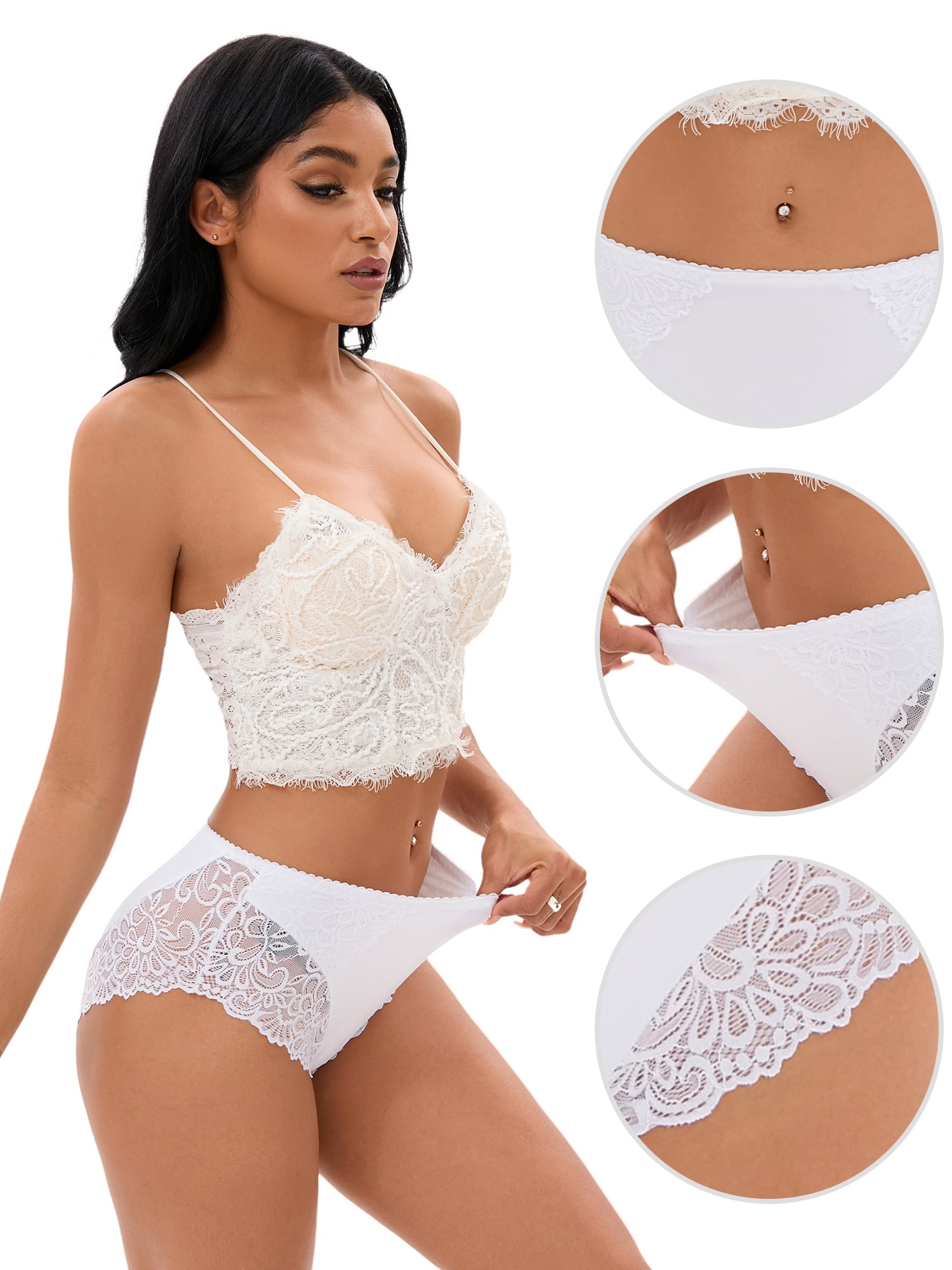 DARING DIVA Women's Lace Underwear Mid Rise Panties Full Coverage Briefs XL White
