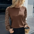 thumbnail image 2 of Women Blouse Small Floral Splicing Round Neck Long Sleeve Loose Hem Puff Sleeve Pullover Leisure Shirt Top Brown XL, 2 of 6