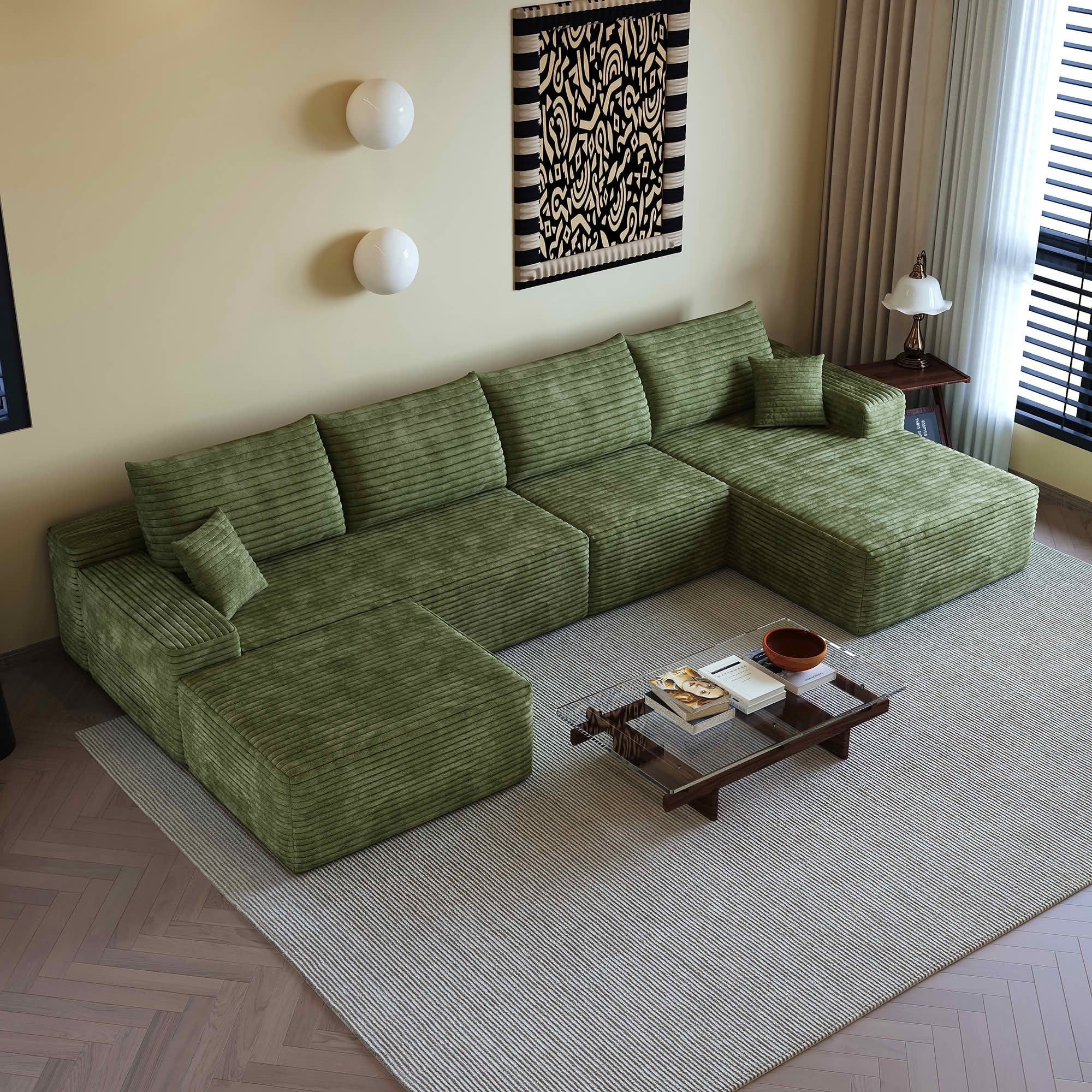 MAYEERTY 135" Cloud Sectional Sofa with Ottoman, U Shaped Deep Seat Couch, Plush Corduroy Fabric, No Assembly Required, Green