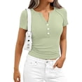 thumbnail image 5 of Dwellite Womens Summer Short Sleeve Tops V Neck Button Henley T Shirts Slim Fitted Blouses Spring Basic Tees Light Green M, 5 of 6