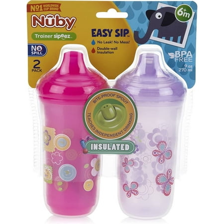 Nuby No-Spill Insulated Hard Spout 9 oz Cup, Colors/Prints May Vary,2 Count Pack of 1