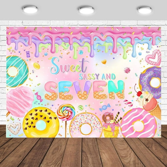 Sweet Sassy and Seven Birthday Beautiful Backdrop Girls Sweet Candy Donuts Happy 7th Birthday Party Decorations Photography Background Banner Photo Studio Props