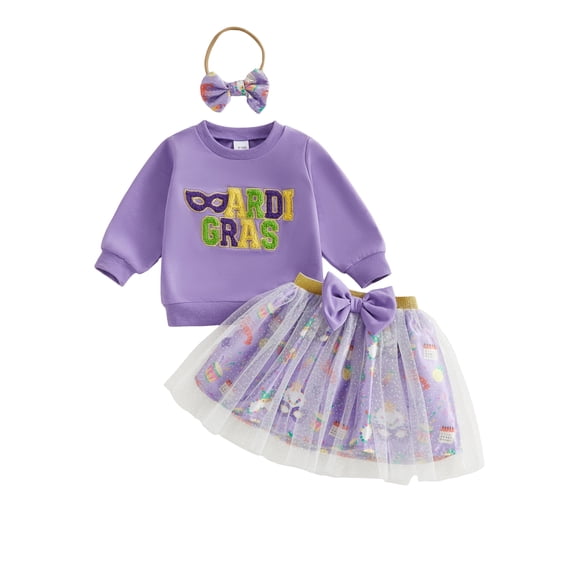 BemeyourBBs Toddler Baby Girls Mardi Gras Outfit Fall Winter Spring Clothes Long Sleeve Embroidery Letters Sweatshirt with Tulle Tutu Skirt Set Bowknot Headband