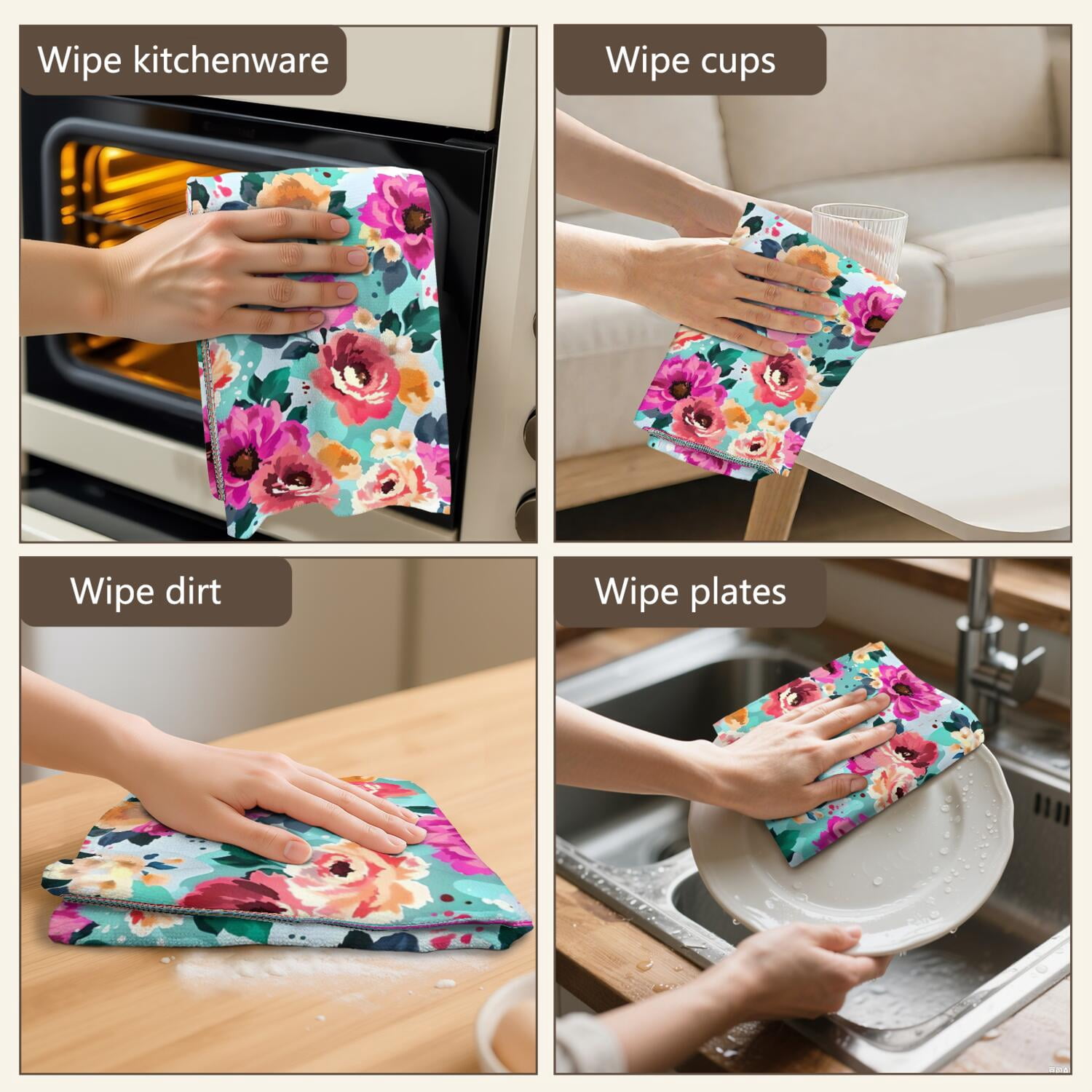 6 Pcs Funny Kitchen Towels,Pioneer Flower Floral Print Pattern Microfiber Dish Towels,Kitchen Tea Towels,Kitchen Towel Set (18" X 26")
