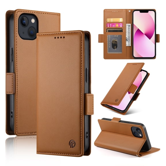 Allytechgroup for Apple iPhone 13 Case Wallet, Retro PU Leather Slim Fit Business Style Magnetic Closure Cards Slots RFID Blocking Phone Case for Women Men, Brown