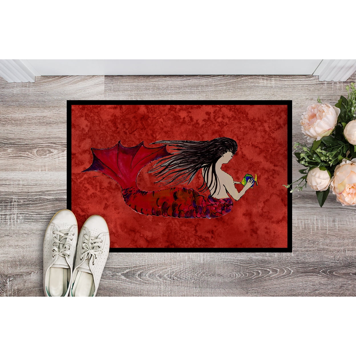 Black Haired Mermaid on Red Door Mat