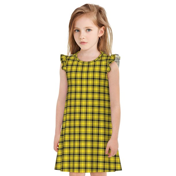 Fotbe Yellow Checkered Plaid Vestido de Dormir para Niñas de 3 a 10 Años, Mangas Cortas, Estilo Princesa, Pijama Camisón con Mangas Voladas-Medium