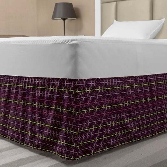 Abstract Bed Skirt, Digital Design of Colorful Geometric Horizontal Streaks, Elastic Bedskirt Dust Ruffle Wrap Around for Bedding Decor, 4 Sizes, Dark Purple Mustard, by Ambesonne