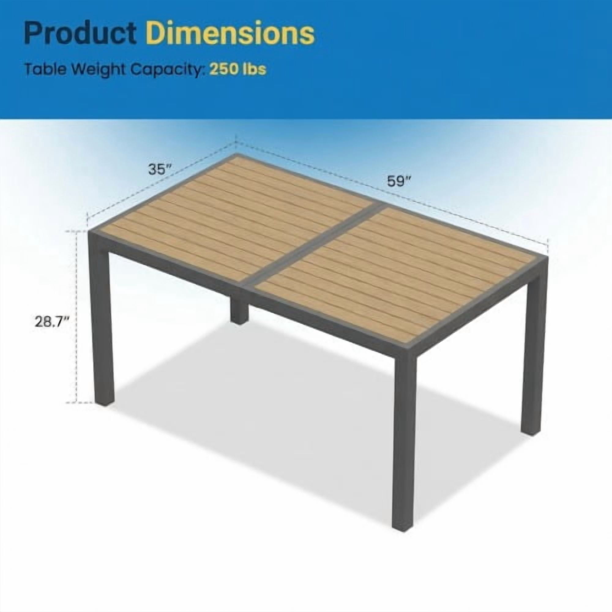 59" Grey Aluminum Heavy-Duty Rectangular Outdoor Patio Dining Table with All-Weather HDPS Slatted Top & Rust-Resistant Frame