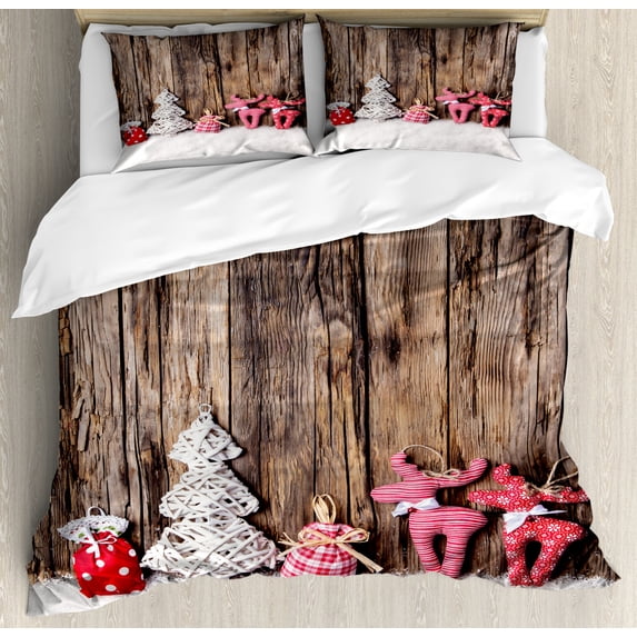 Winter Duvet Cover Set King Size, Traditional Cute Cloth Christmas Inspired Figures Rustic Wooden Planks Vintage, Decorative 3 Piece Bedding Set with 2 Pillow Shams, Brown White Pink, by Ambesonne