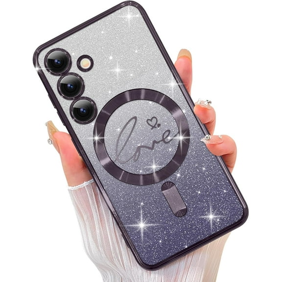 Case  for Samsung Galaxy S24 Glitter Case Luxury Plating Love Heart Compatible with MagSafe Clear Case with Camera Protector Protection Shockproof Cover for Women Girls-Purple