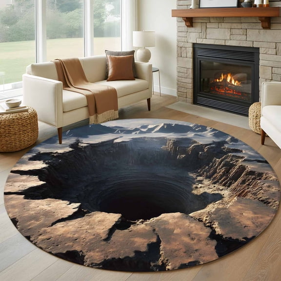 Abyss Crater Round Rug 6Ft Ground Fissure Earth Brown Crevice Texture Circle Area Rugs Washable Non Slip Indoor Floor Mats Carpet for Living Room Bedroom Dining Room Home Decor