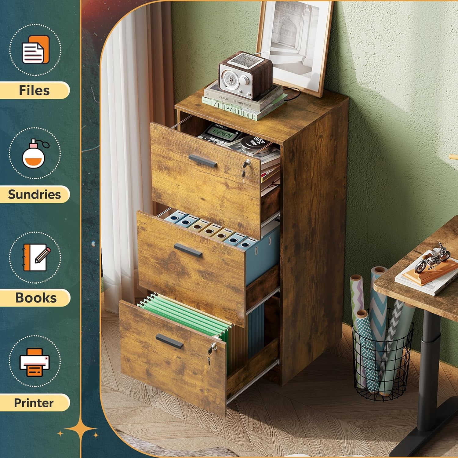 3 Drawer File Cabinet with Lock, Vertical Wood Filing Cabinet for Home Office, Printer Stand for Letter and A4 Size, Rustic Brown