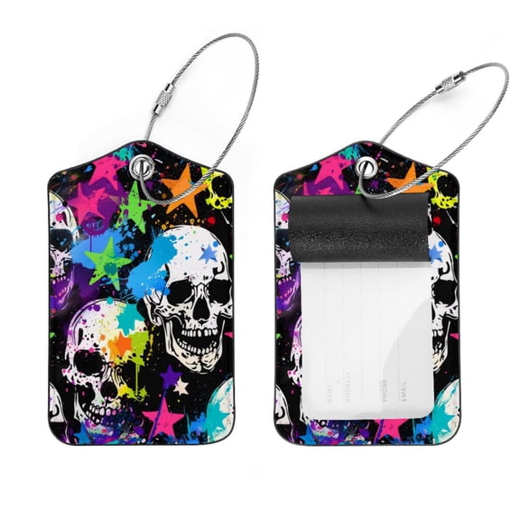 PhooArto 2 Pcs Watercolor Splash Skulls Stars Luggage Tag for Suitcases, Leather Baggage Tags Identifiers for Travel, Stainless Steel Loop Name ID Label for Women Bag Backpack