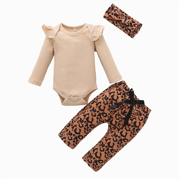 felwors Preemie Newborn Infant Baby Girls Clothes Ribbed Romper Bodysuit Pants Set Fall Winter Outfits(Beige,3-6 Months)