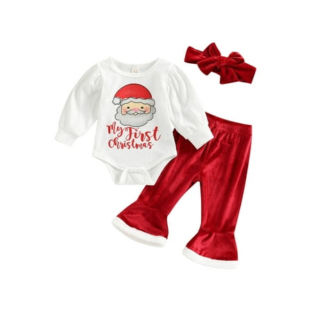 

GuliriFei Christmas Baby Girls 3pcs Clothes Pants Set Kids Long Sleeve Santa Claus Knitted Romper Velvet Flare Pants Headband