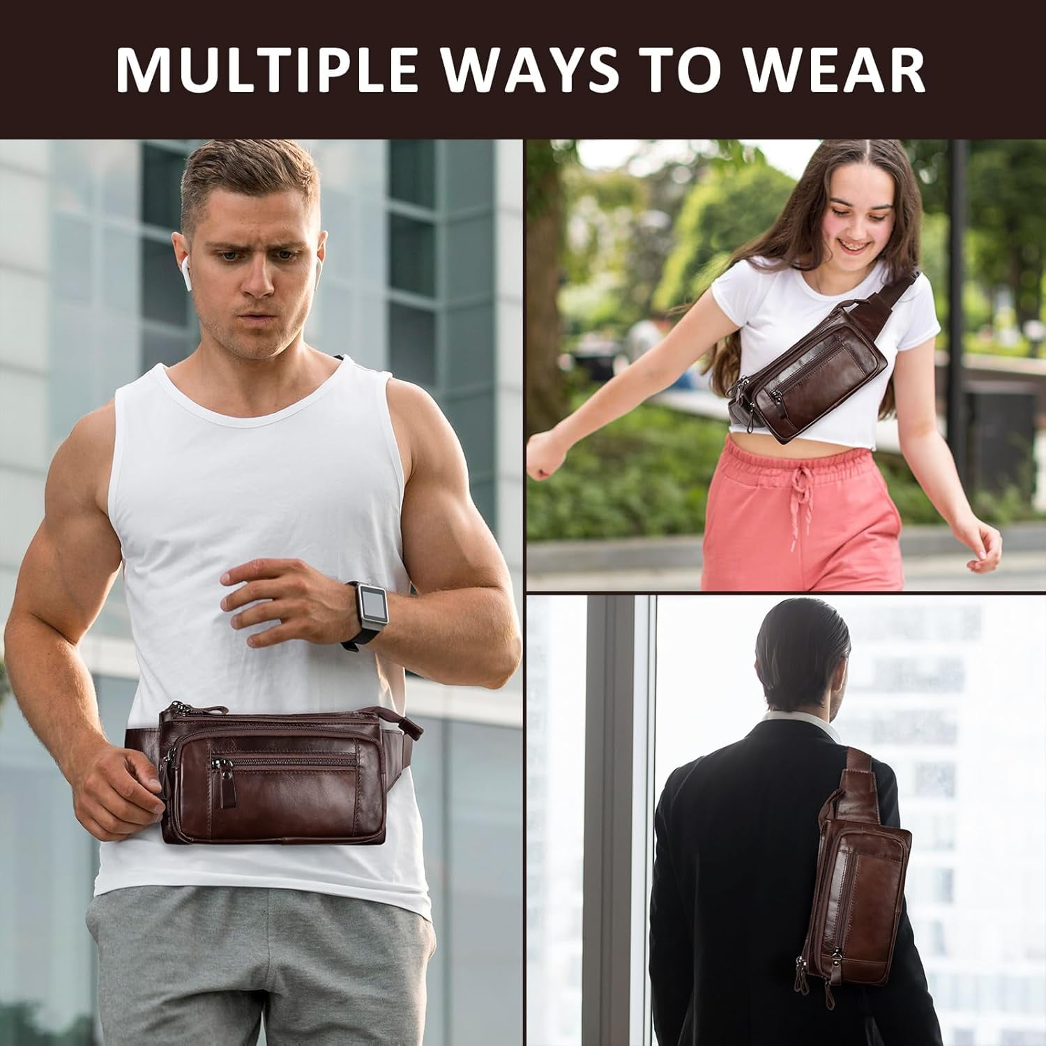 Leather Fanny Pack for Men Women, Belt Bag Fashion Waist Packs Small Crossbody Bag with Adjustable Strap for Travel Sport Walk (Black)
