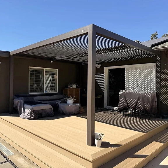 PURPLE LEAF 12' x 14' Louvered Pergola Outdoor Adjustable Louvre Shade Modern Aluminum Retractable Hardtop Roof for Deck Backyard Garden Bronze