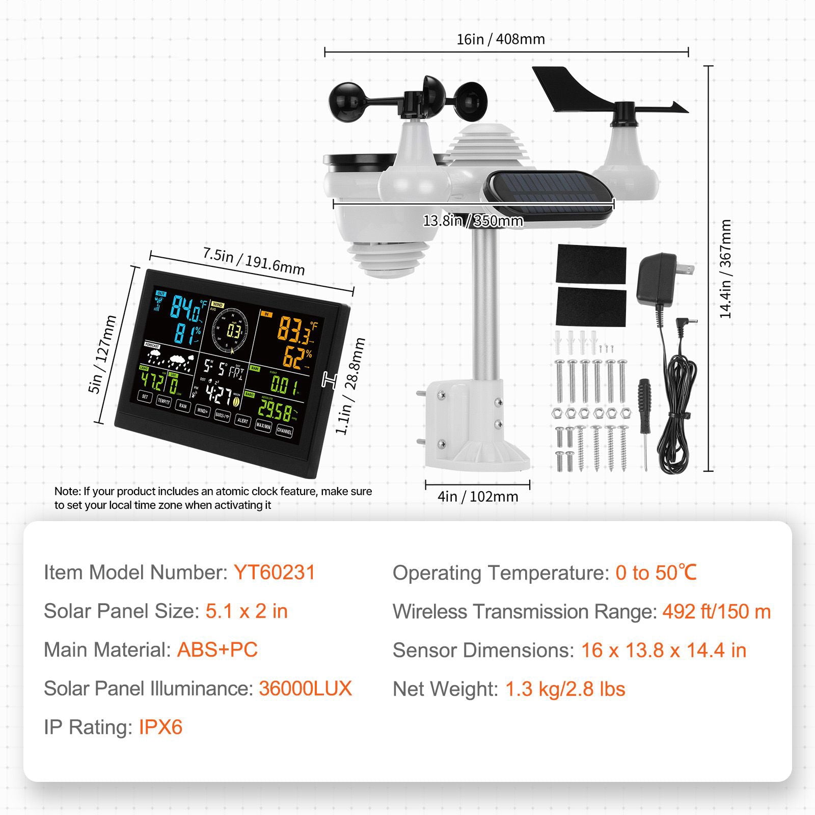 Wireless Weather Station 7-in-1 Solar Powered 7.5 Inch Display for Home Garden Farm