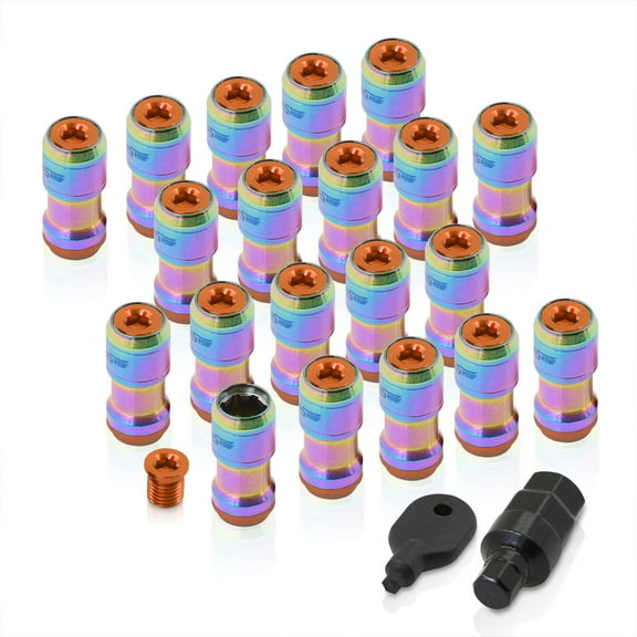 AJP Distributors Godsnow JDM Universal Open Ended Lug Nuts M12 X 1.25MM Thread Pitch Performance Aftermarket Tuner Wheels Rims 20-Piece Set Locking Key Forged Steel Anodized Neochrome Body Orange Trim