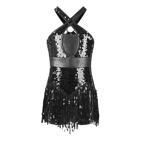 Sholeno Kids Girls Latin Hip Hop Jazz Dance Performance Dress Sparkly Tassel Leotard Bodysuit Fringed Black 12