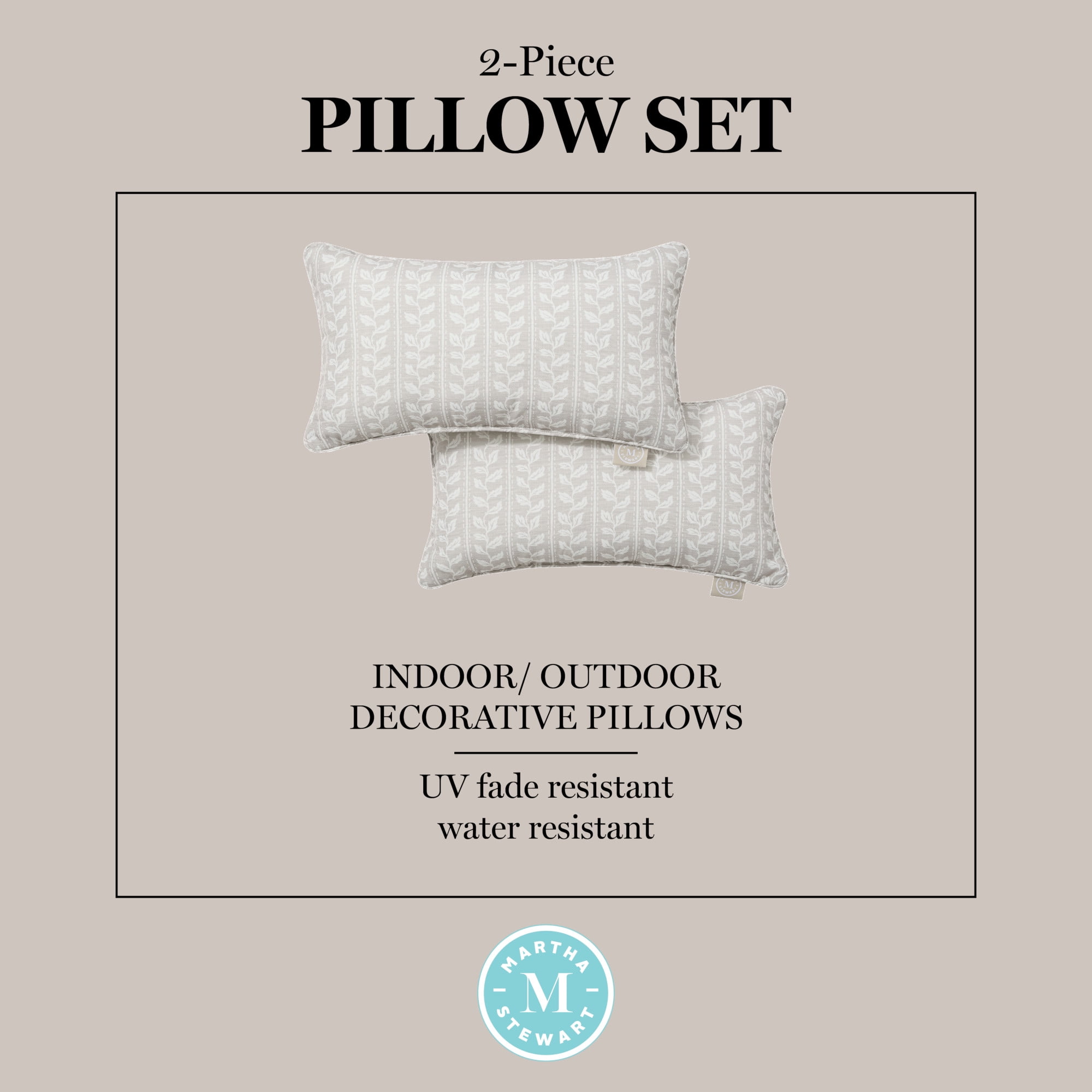 MARTHA STEWART Vineyard Vines Indoor Outdoor Decorative Lumbar Pillow 2-Pack Set, UV Fade Resistant, Water Repellent, Printed Garden Design, Warm Grey, 11"x18"