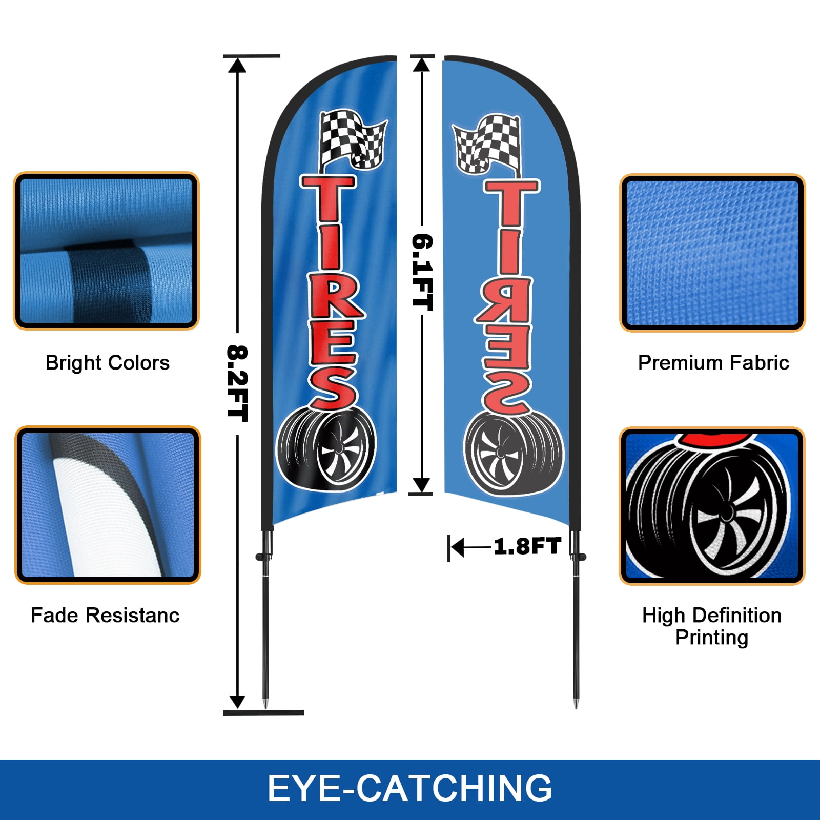 QSUM Tires Feather Flag with Flag Pole Kit and Ground Spike, 8.2FT Tires Windless Flag Banner Sign Business for Outdoor Advertising Sign Decoration Display