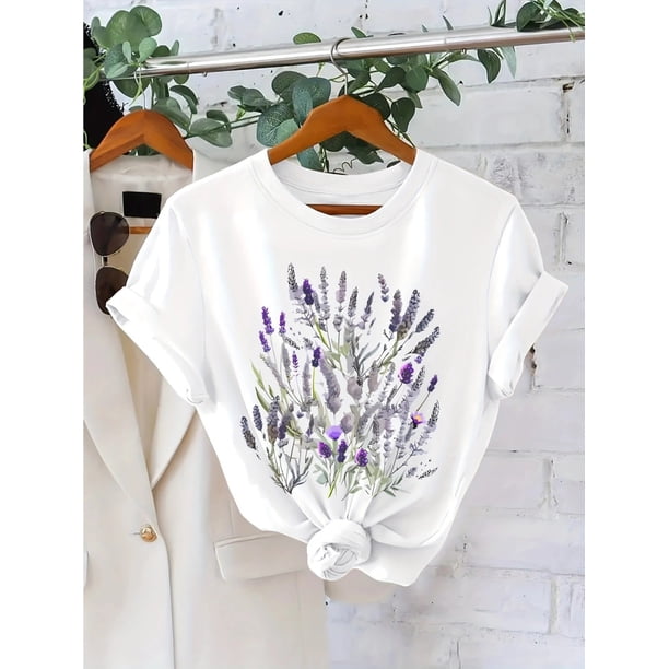 Flower Print T-shirt, Short Sleeve Crew Neck Casual Top For Summer & Spring, Women's Clothing