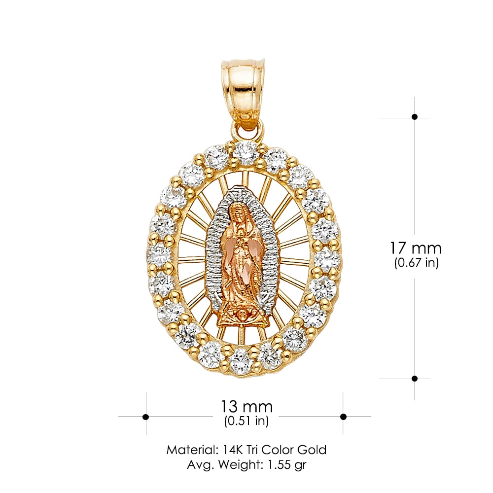 Ioka-14K Tri Color Gold Cubic Zirconia CZ Religious Our Lady of Guadalupe Charm Pendant For Necklace or Chain