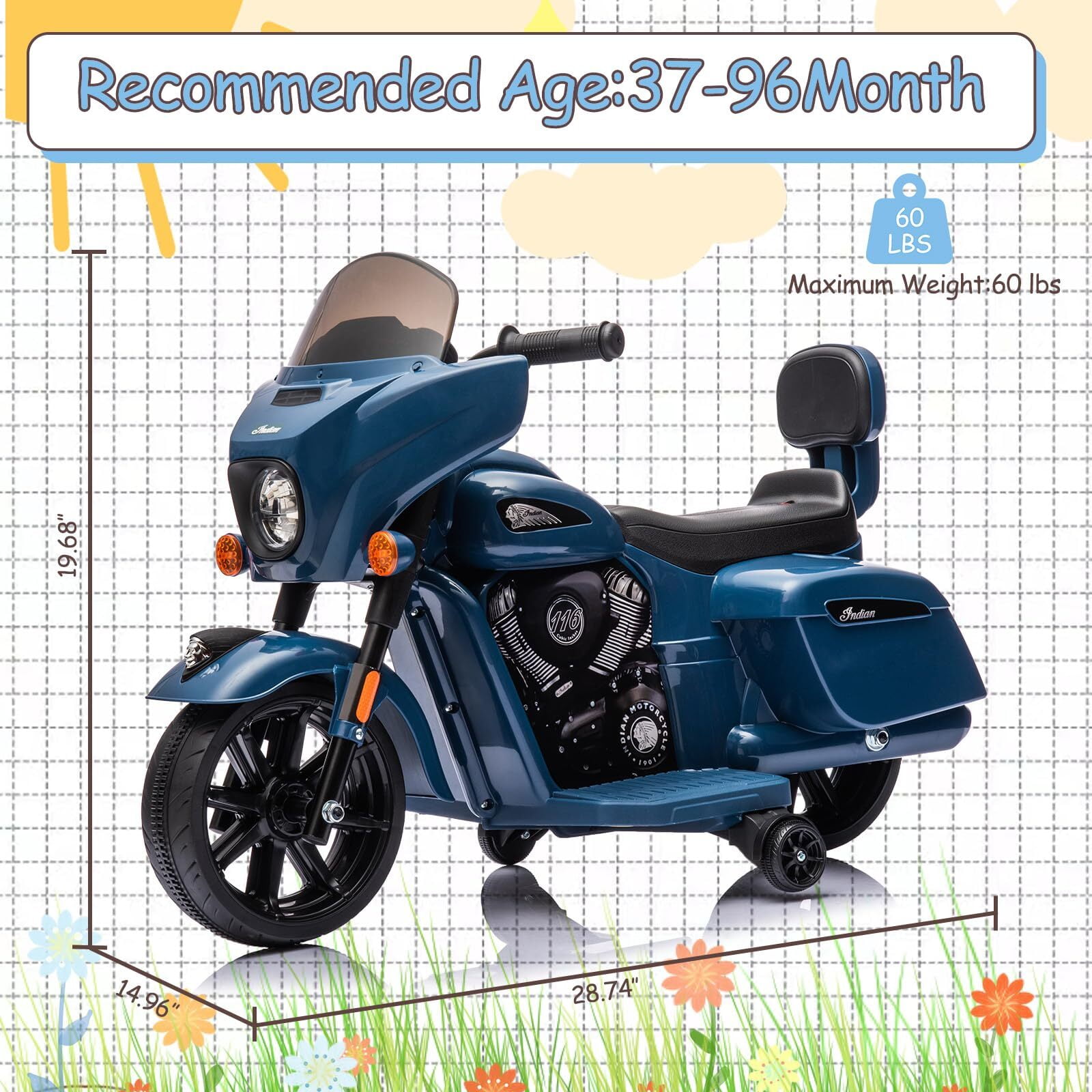 Kids Ride On Motorcycle, Licensed Indian 6V Ride on Toy Electric Motorcycle with USB, AUX，Music and Headlight for Toddler Boys and Girls