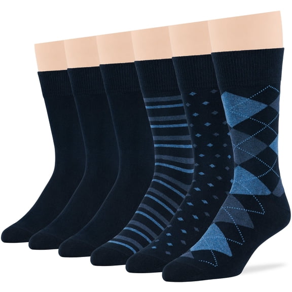 7BIGSTARS KINGDOM Men's Dress Socks Cotton -6 pack- Fashion Thin Business Casual Argyle, Dotted, Striped, Solid, Sock Size 10-13 Shoe Size 6-12 L Dark Navy