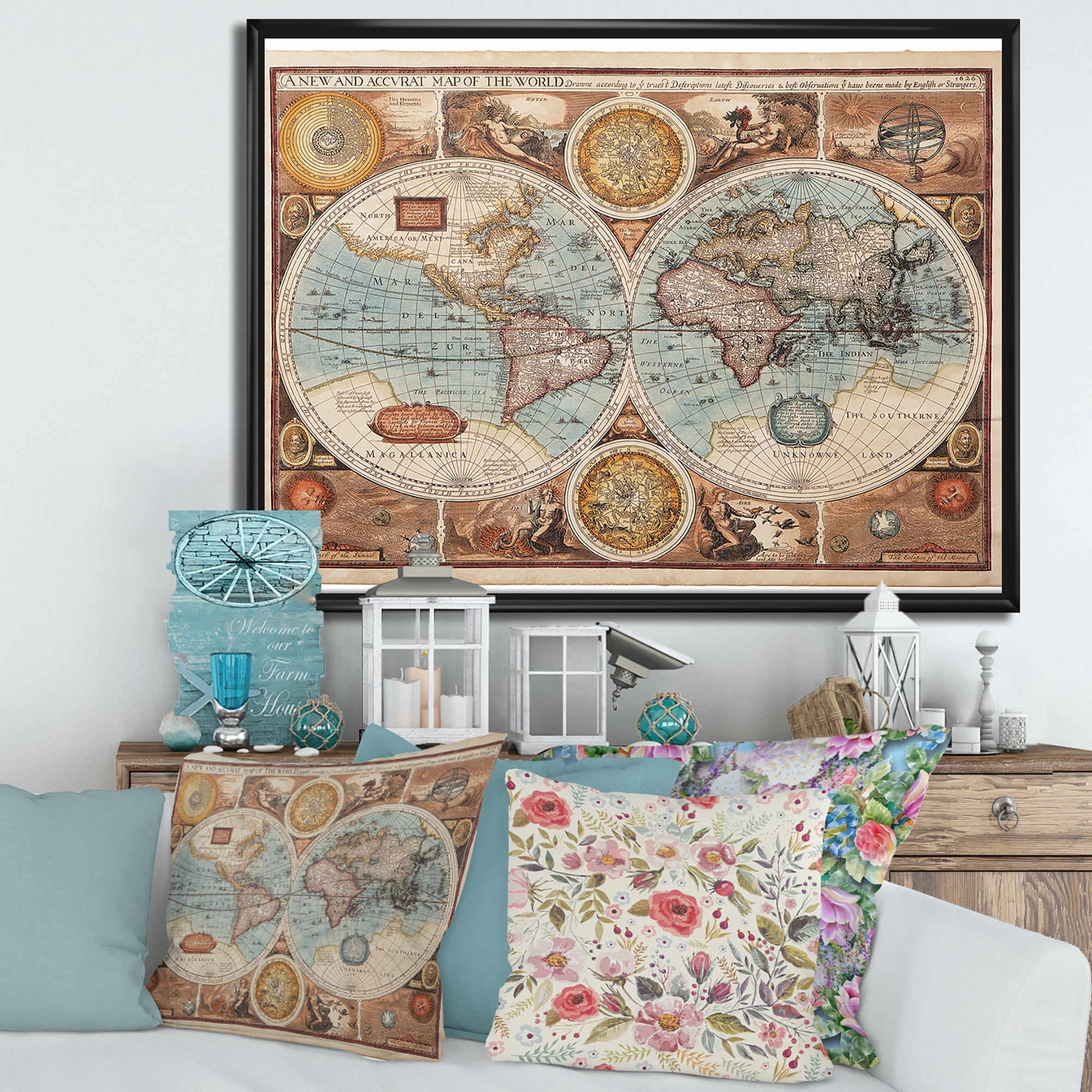 Designart 'Vintage Map of The World VIII' Vintage Framed Canvas Wall Art Print