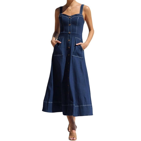 Chouyatou Women's Adjustable Strap Midi Long Denim Dress 2024 Button Down A-Line Swing Flowy Jean Dress