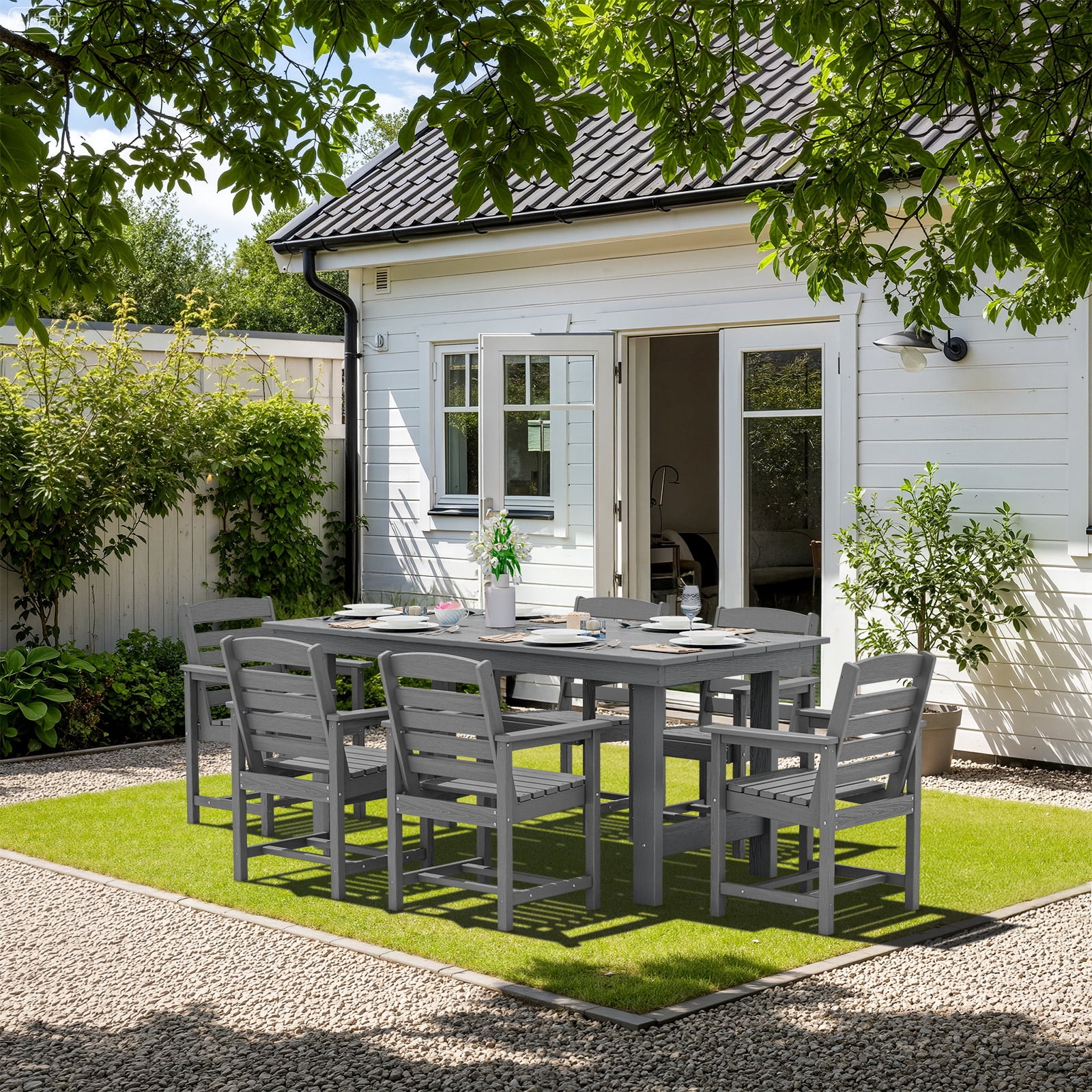 SERWALL Outdoor HDPE Dining Table Set, 7-Piece Outdoor Dining Table Sets with Umbrella Hole, Grey