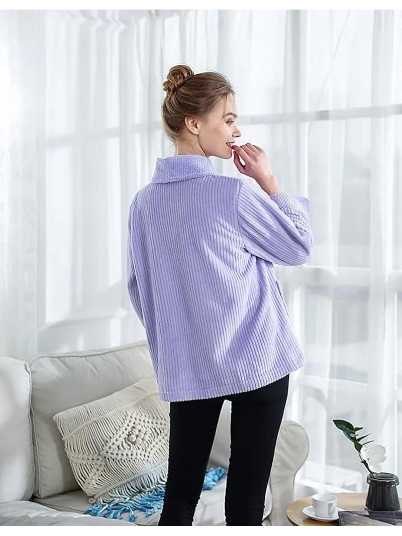 Women's Plus Size Fleece Bed Jacket - Shawl Collar, Button Front, Drop Needle Coral Fleece, 1X