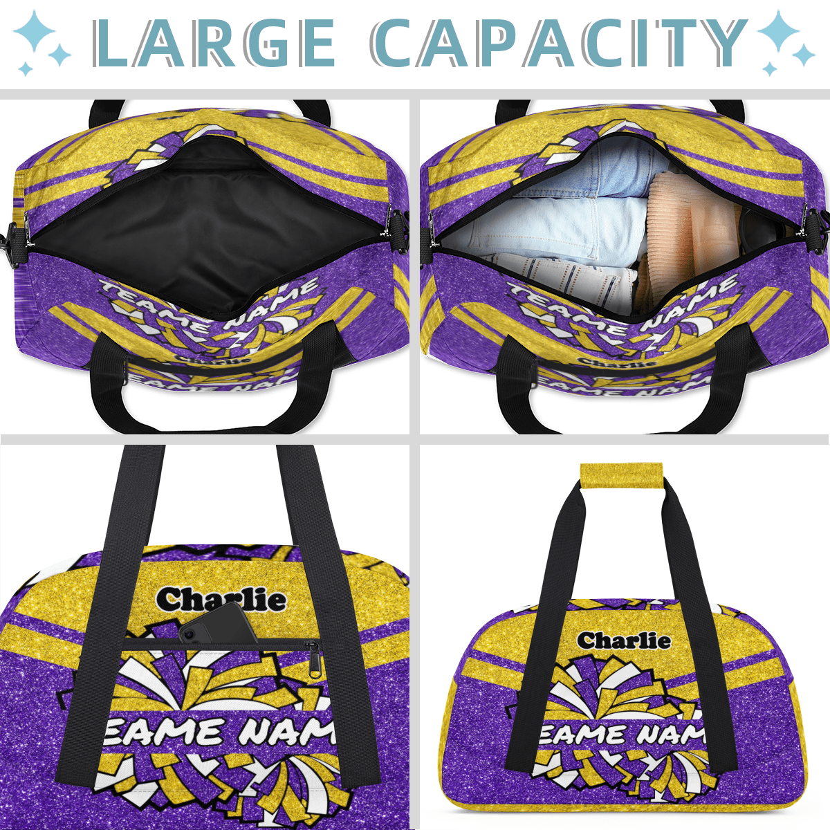 Personalized Cheerleader Bag Dance Bag for Girls, Custom Team Bag Gym Bag Sport Duffel Bag, Weekender Bags Travel Bag for Cheer Team Glitter Gold Purple