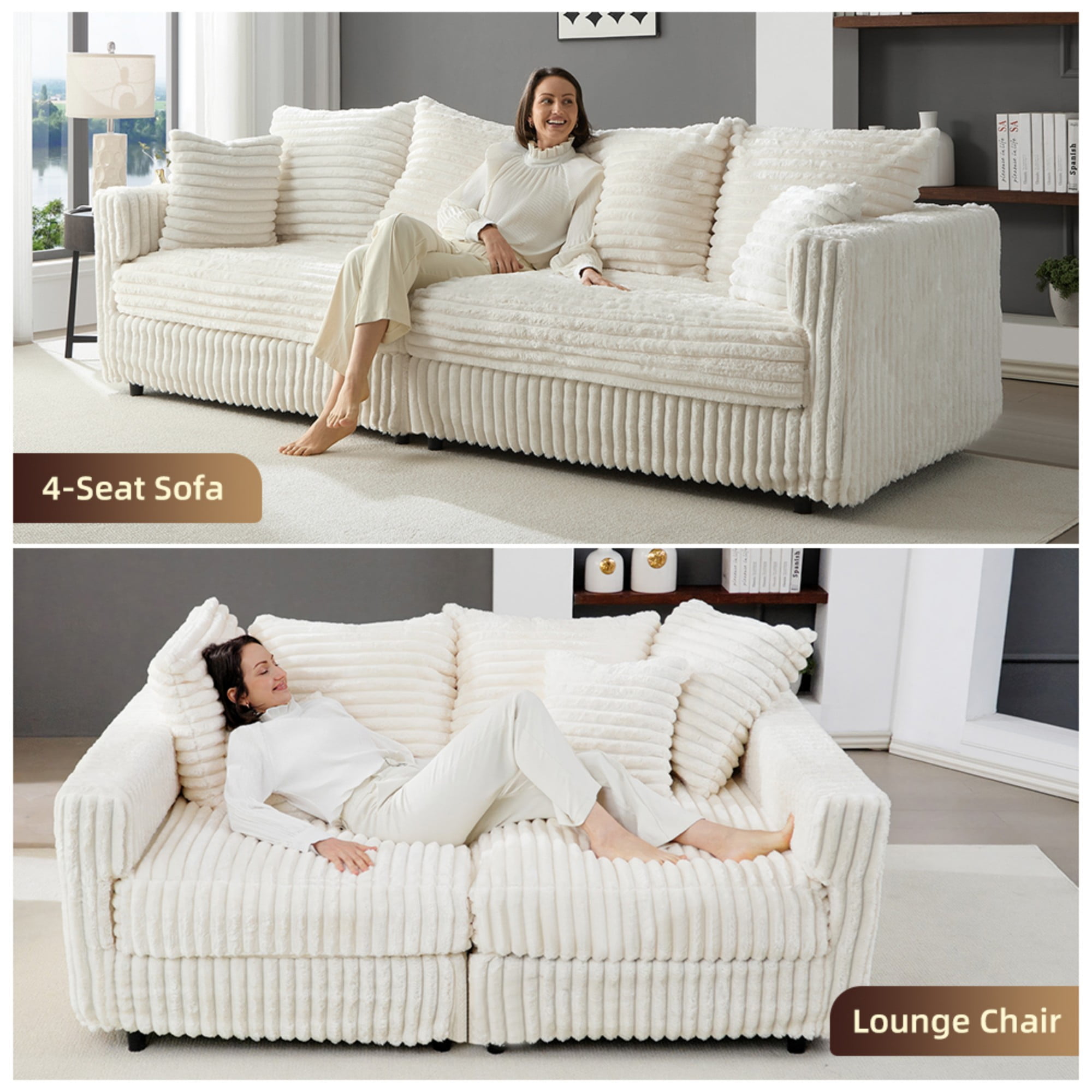 Gewnee 104.3" Plush Corduroy 4-Seat Sofa Cloud Couch,Modern Deep Seat Convertible Lounge Chair with High Resilience Sponge and Pillows,for Living Room、Bedroom、Apartment.