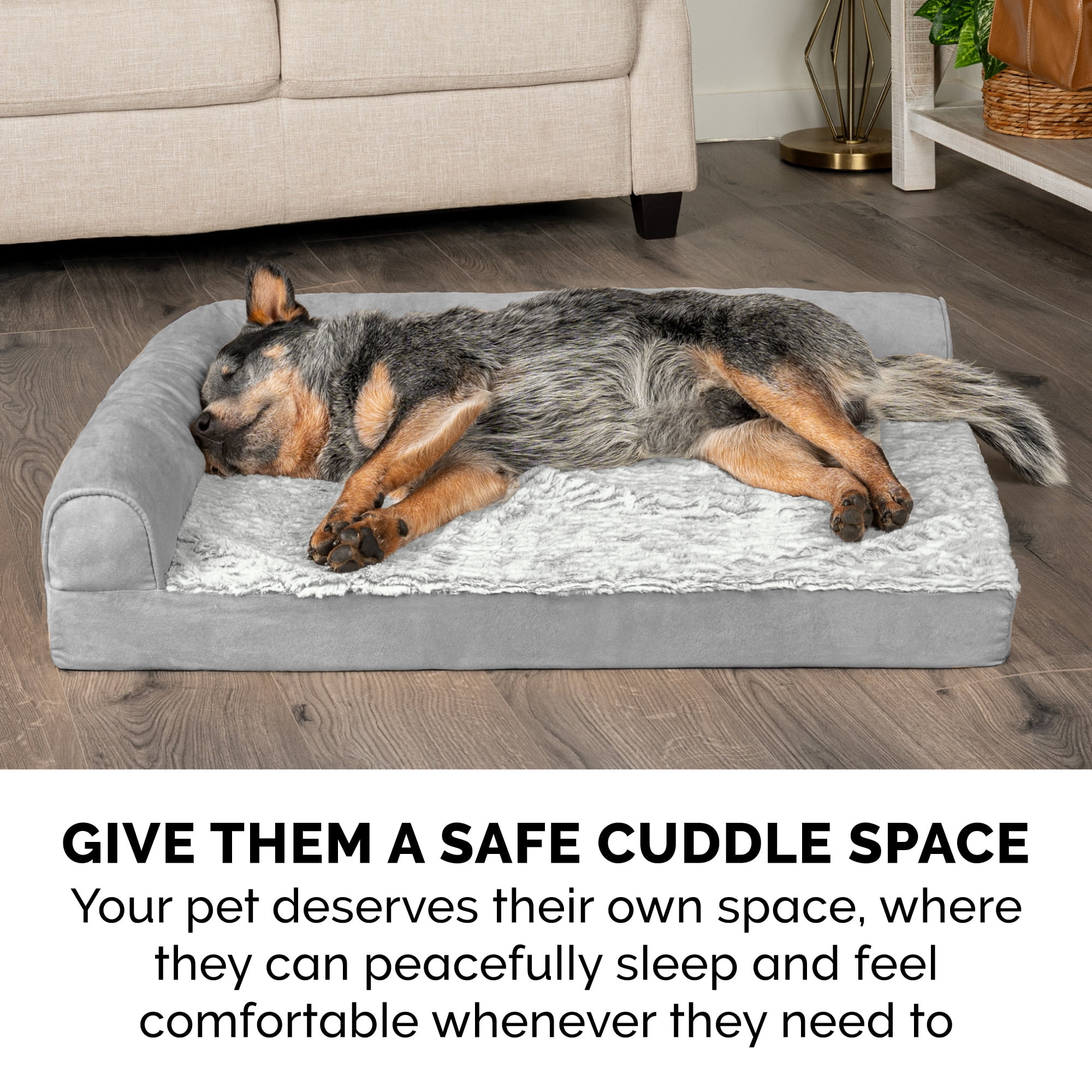 FurHaven Embossed Faux Fur & Suede Orthopedic Deluxe L-Chaise Pet Bed for Dogs & Cats - Gray, Jumbo Plus