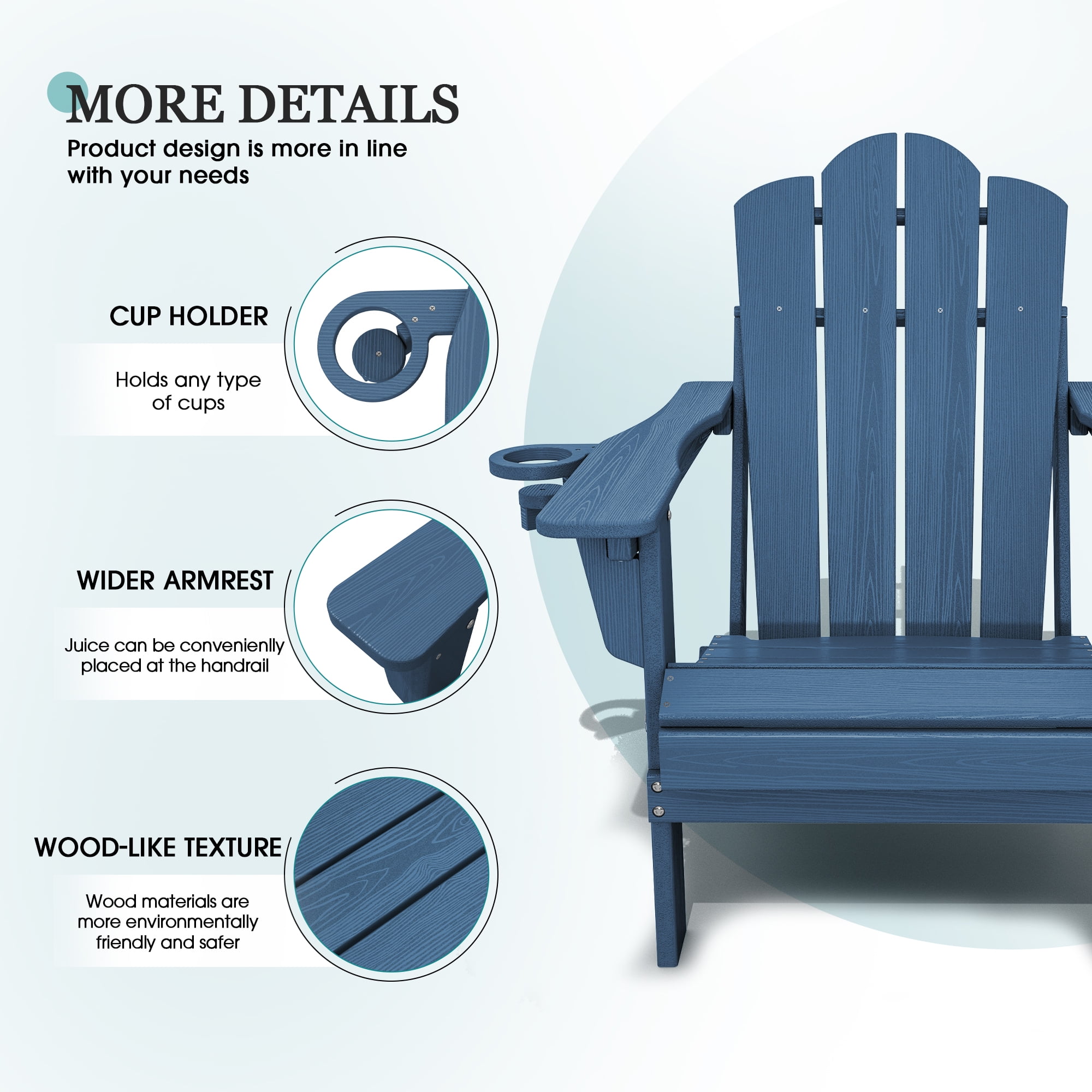 KINGYES Folding Adjustable Adirondack Chairs Set of 4, All Weather Use Reclining Adirondack Chair, HDPE Adirondack Outdoor Chair - Blue