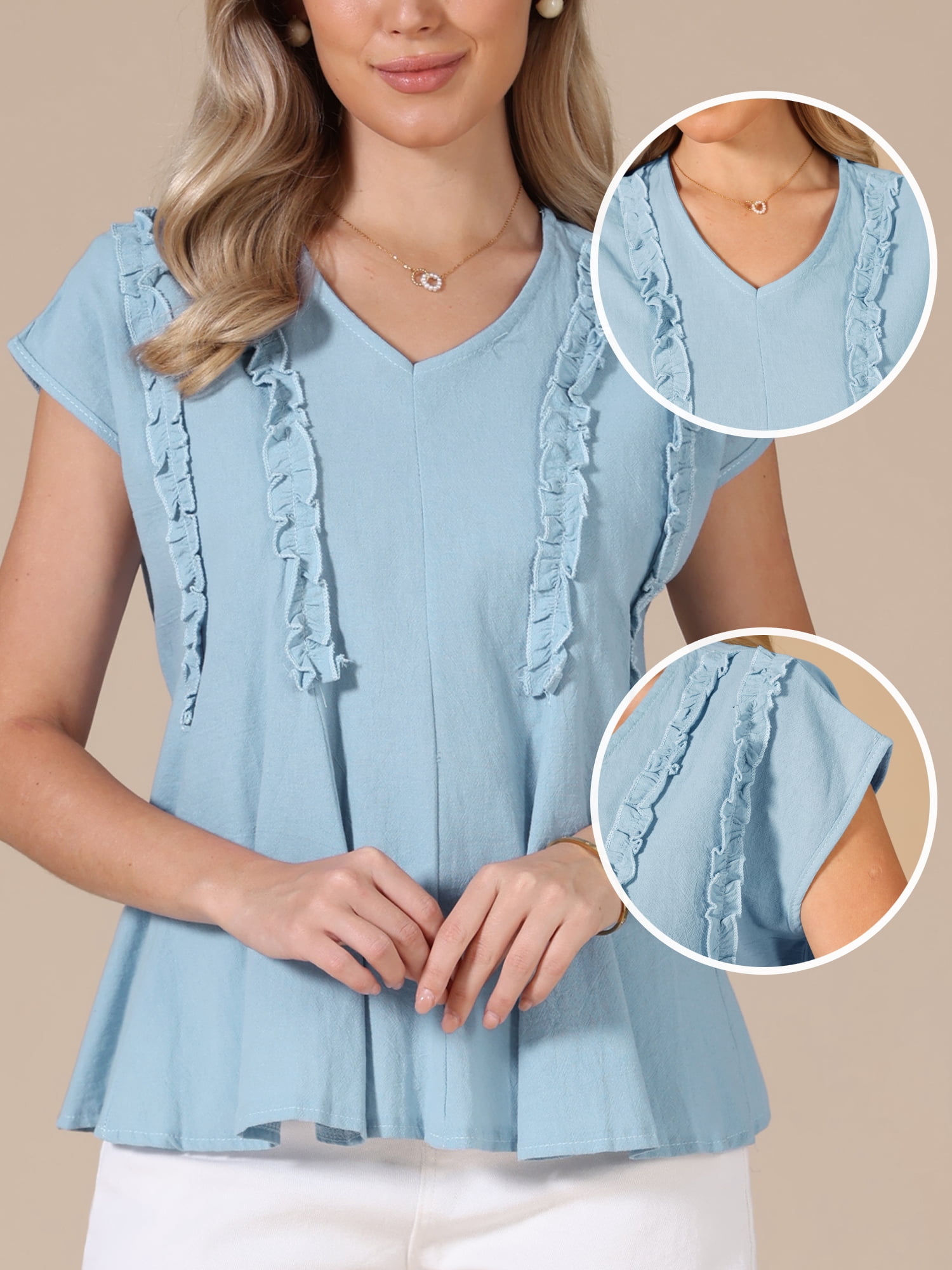 DARING DIVA Women's Peplum Tops Short Sleeve V Neck Blouse Cotton Loose Tie Back S Blue