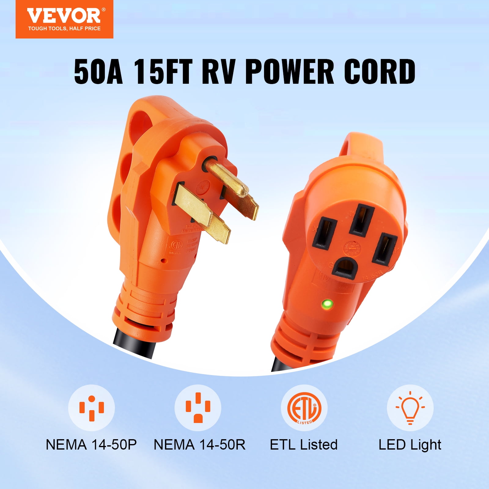 VEVOR 15ft 50A RV Extension Cord, Heavy Duty STW 6/3+8/1 AWG RV Power Cord, NEMA 14-50R/NEMA 14-50P, with LED Indicator Handle 15A Adapter, for RVs, trams, generators, campers, ETL Listed, 125/250V