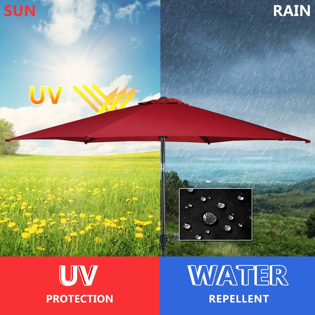 Costway 96" Burgundy Solid Print Hexagon Market Patio Umbrella, UV Protective