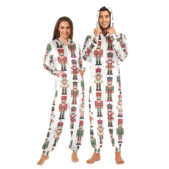 Adult Christmas Onesie Cartoon Simple Nutcracker Zipper One-Piece Pajamas Unisex with Pockets