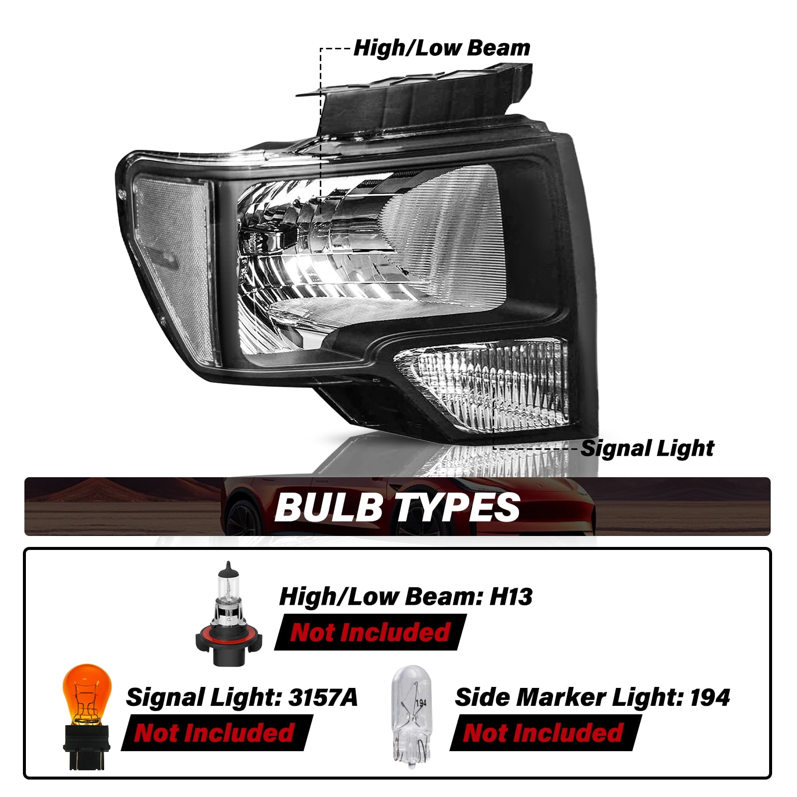 Fit 2009-2014 Ford F-150 F150 Black Housing Pickup Headlight Headlamp Pair L+R