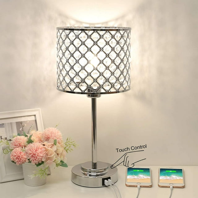 Crystal Table Lamp with 2 USB Ports, 3Way Dimmable Bedside Touch Lamp