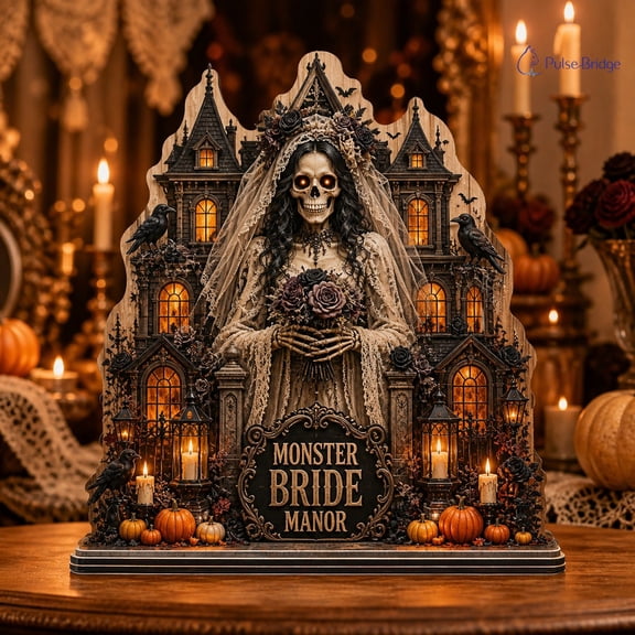 Halloween Wooden Block Decor Monster Bride Mansion Wood Tabletop Display for Gothic Halloween Decor