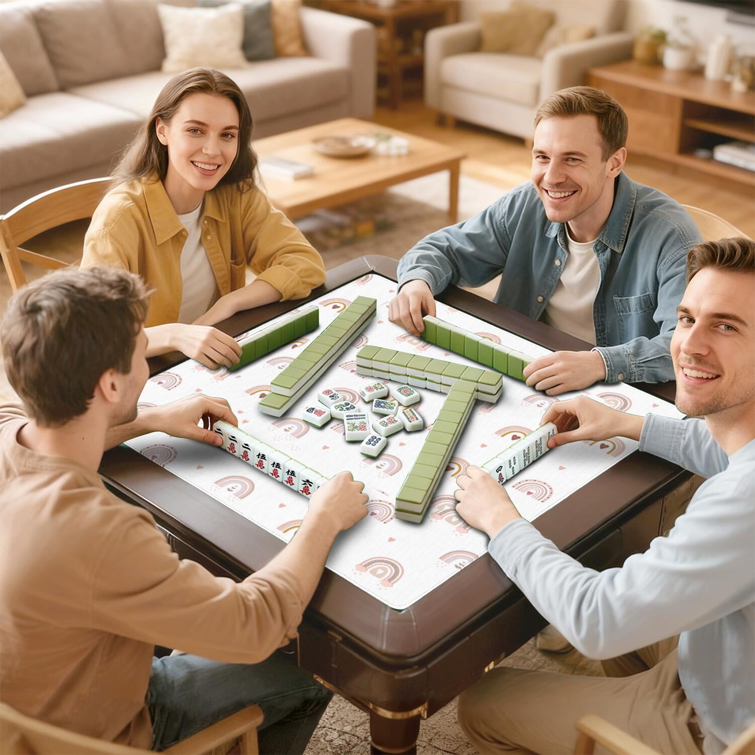 Boho Print Anti-Slip Rubber Game Table Mat 31.5 Inch Square Extra Large Mahjong Pad with Quiet Surface for Playing Tiles Cards and Family Fun
